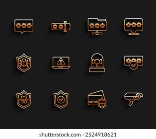 Zeile Inkognito-Modus, Schild mit Häkchen, Passwortschutz, Kreditkartenschild, Sicherheitskamera, Laptop-Ausrufezeichen und Blinksiren-Symbol. Vektorgrafik