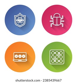 Set line Incognito mode, System bug, Laptop with password and Graphic protection. Color circle button. Vector