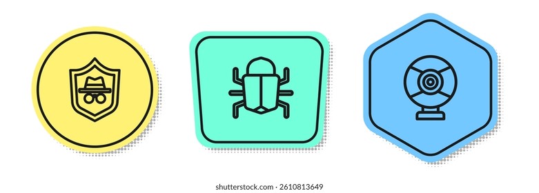 Set line Incognito mode, System bug and Security camera. Colored shapes. Vector