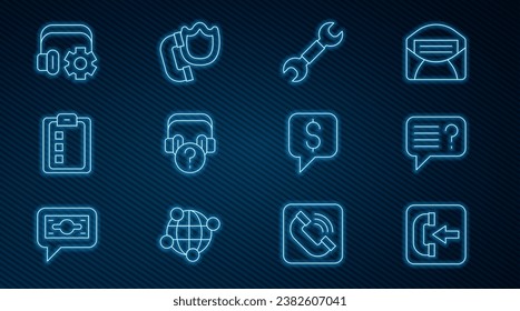 Set line Incoming call phone, Unknown search, Wrench spanner, Headphones with question, Online quiz, test, survey, Headphoneswith settings, Paid support and Telephone handset shield icon. Vector