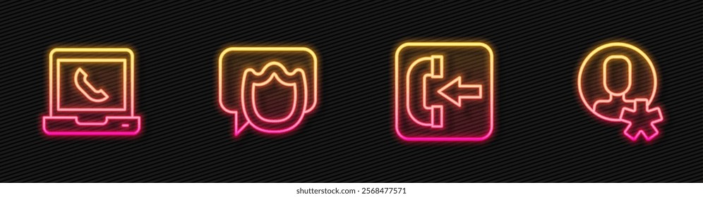 Set line Incoming call phone, Telephone 24 hours support, Speech bubble chat and Elected employee. Glowing neon icon. Vector