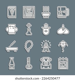 Set line Independence day India, Kite, Indian headgear turban, Incense sticks, Hookah, Cup of tea and leaf, constitution and Hamsa hand icon. Vector