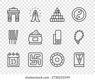 Set line Unabhängigkeitstag Indien, Verfassung, Yagna, Hindu Hakenkreuz, Tor Delhi, indische Gewürz, Chakra und Rosenkranz Perlen Religion Symbol. Vektorgrafik