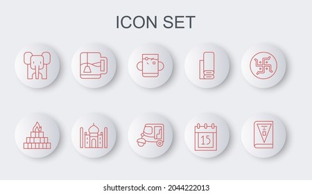 Fijar la línea Día de la Constitución de la India, Yagna, Copa de té y hoja, Independencia, Elefante, con bolsa, Taj Mahal y Taxi tuk icono. Vector