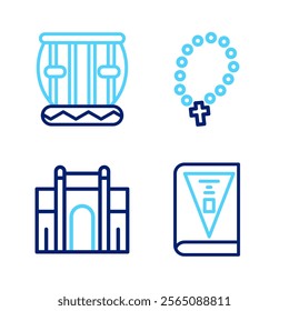 Set line India constitution day, Gate in Delhi, Rosary beads religion and Instrument tabla icon. Vector