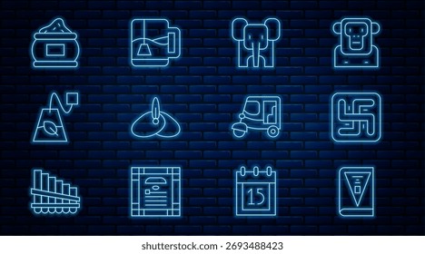 Set line India constitution day, Hindu swastika, Elephant, Indian headgear turban, Tea bag, spice, Taxi tuk tuk and Cup of tea with tea icon. Vector