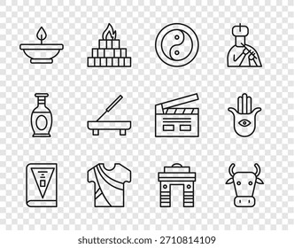 Fije el día de la constitución de la India, vaca, Yin Yang, vestido de hombre indio, lámpara de aroma, palo de spa perfumado, puerta de Delhi y icono de la mano de Hamsa. Vector