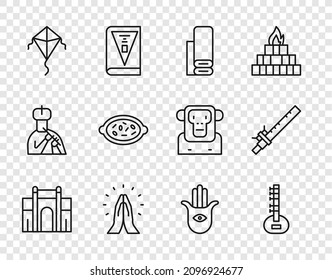 Set line India Gate in Delhi, Sitar, Indian textile fabric, Hands praying position, Kite, Kheer bowl, Hamsa hand and Bamboo flute indian icon. Vector