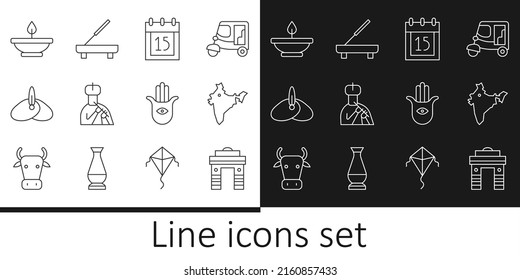 Set line India Gate in Delhi, map, Independence day, Indian man plays flute, headgear turban, Aroma lamp, Hamsa hand and Scented spa stick icon. Vector