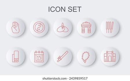 Set line India Gate in Delhi, Indian textile fabric, headgear turban, Rosary beads religion, symbol hand, Yin Yang, Independence day and Bamboo flute indian icon. Vector