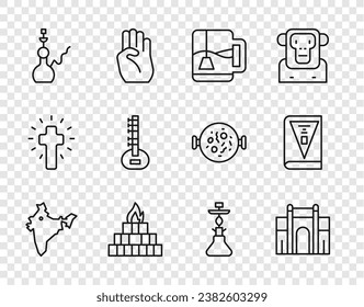 Set line India map, Gate in Delhi, Cup of tea with tea bag, Yagna, Hookah, Sitar,  and constitution day icon. Vector