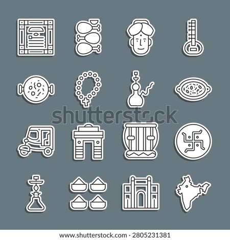 Set line India map, Hindu swastika, Kheer bowl, Indian man, Rosary beads religion, Chicken tikka masala, constitution day and Hookah icon. Vector