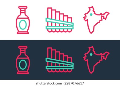 Establece la línea de mapa de la India, jarrón indio e icono de la flauta Pan. Vector