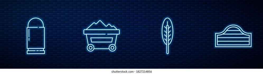 Fijar la línea de plumas indias, Bullet, trolebús de mina de carbón y puerta Saloon. Icono de neón brillante en la pared de ladrillo. Vector