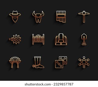 Set line Indian headdress with feathers, Cowboy boot, Game dice, Hexagram sheriff, Saloon door, Shovel and Gold bars icon. Vector