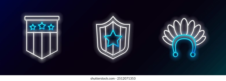 Set line Indian headdress with feathers, American flag and Shield stars icon. Glowing neon. Vector