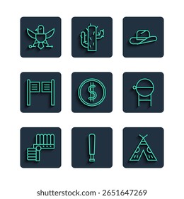 Set line Indian headdress with feathers, Baseball bat, teepee or wigwam, Western cowboy hat, Coin money dollar, Saloon door, Eagle and Barbecue grill icon. Vector