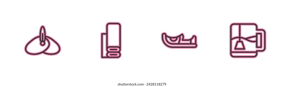 Set line Indian headgear turban, shoes, textile fabric and Cup of tea with tea bag icon. Vector