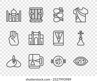 Set line Indian headgear turban, Kheer in bowl, Tandoori chicken, Cup of tea with tea bag, Taj Mahal, Gate Delhi, Chicken tikka masala and Hookah icon. Vector