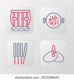 Set line Indian headgear turban, Aroma sticks, incense, Chicken tikka masala and Instrument tabla icon. Vector