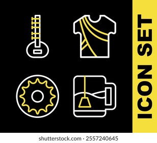 Set line Indian man dress, Cup of tea with tea bag, Chakra and Sitar icon. Vector