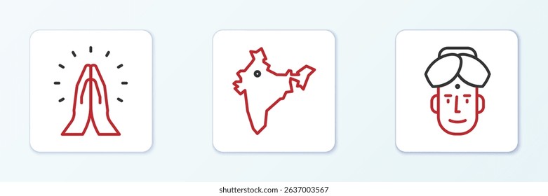 Set line Indian man, Hands in praying position and map icon. Vector