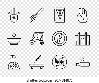 Set line Indian man plays flute, Wood cricket bat and ball, constitution day, Scented spa stick, Hamsa hand, Taxi tuk tuk, Hindu swastika and Gate Delhi icon. Vector