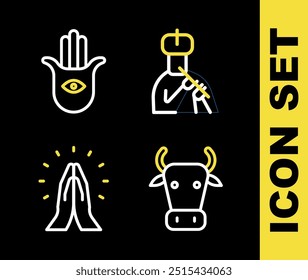 Set line Indian man plays flute, Cow, Hands in praying position and Hamsa hand icon. Vector