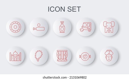 Set line Indian man, Taj Mahal, vase, Chicken tikka masala, Chakra, Wood cricket bat and ball, Rosary beads religion and Instrument tabla icon. Vector