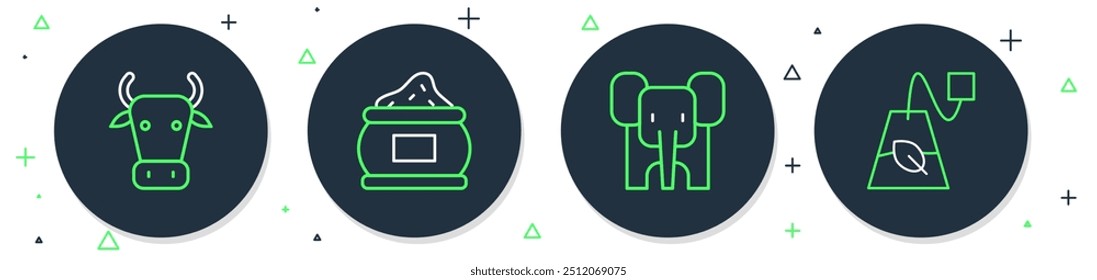 Conjunto de línea de especias indias, elefante, vaca y el icono de la bolsa de té. Vector