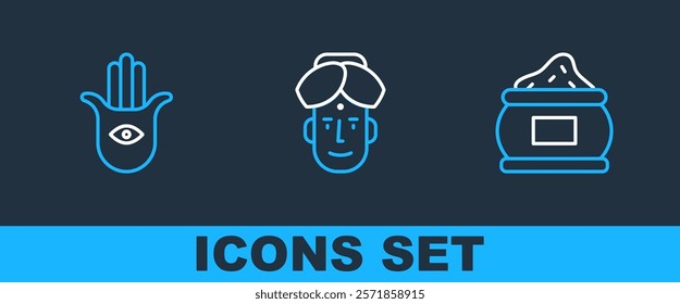 Set line Indian spice, Hamsa hand and man icon. Vector