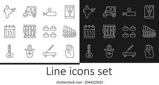 Set line Indian symbol hand, Pan flute, Wood cricket bat ball, Instrument tabla, Independence day, map, spice and Taxi tuk tuk icon. Vector