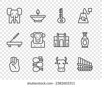 Set line Indian symbol hand, Pan flute, Sitar, Tandoori chicken, Elephant, Monkey, Cow and vase icon. Vector