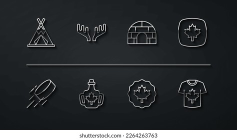Set line Indian teepee or wigwam, Hockey puck, Canadian maple leaf, Bottle of syrup, Deer antlers, jersey and Igloo ice house icon. Vector