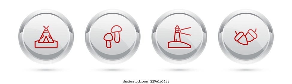 Set line Indian teepee or wigwam, Mushroom, Lighthouse and Acorn. Silver circle button. Vector