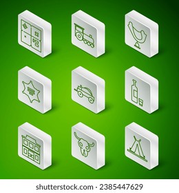 Set line Indian teepee or wigwam, Buffalo skull, Treasure map, Wild west covered wagon, Hexagram sheriff, Retro train, saloon and Whiskey bottle and glass icon. Vector
