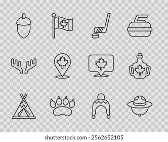 Set line Indian teepee or wigwam, Canadian ranger hat, Ice hockey stick and puck, Bear paw footprint, Acorn, maple leaf, Winter and Bottle of syrup icon. Vector