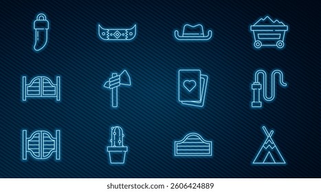 Set line Indian teepee or wigwam, Leather whip, Western cowboy hat, Tomahawk axe, Saloon door, Tooth, Deck of playing cards and Kayak canoe and paddle icon. Vector