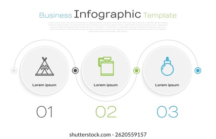 Set line Indian teepee or wigwam, Canteen water bottle and Bomb ready to explode. Business infographic template. Vector