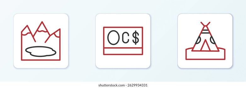 Set Linie Indischer Tipi oder Wigwam, Kanadischer See und Dollar-Symbol. Vektorgrafik