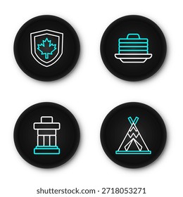 Fije la línea del tipi indio o wigwam, Inukshuk, pila de panqueques y bandera de Canadá en el icono del escudo. Vector