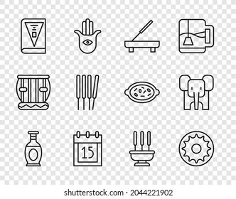 Set line Indian vase, Chakra, Scented spa stick, Independence day, constitution, Aroma sticks, incense, Incense and Elephant icon. Vector