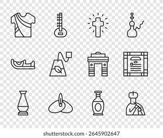 Set line Indian vase, man plays flute, Christian cross, headgear turban, dress, Tea bag,  and constitution day icon. Vector