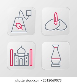 Set line Indian vase, Taj Mahal, headgear turban and Tea bag icon. Vector