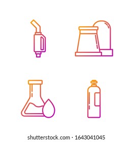 Set line Industrial gas cylinder tank, Oil petrol test tube, Gasoline pump nozzle and Oil and gas industrial factory building. Gradient color icons. Vector