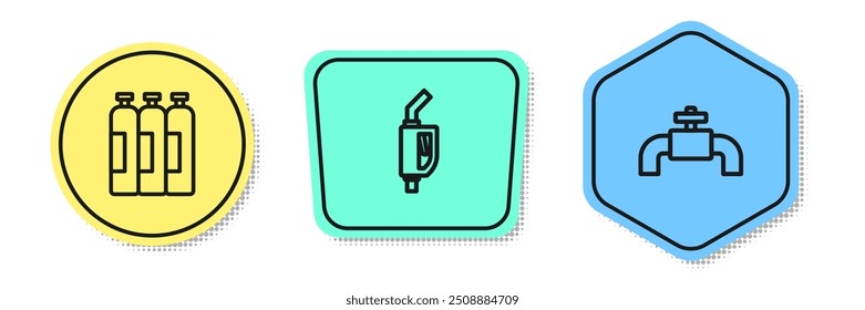 Set line Industrial gas cylinder tank, Gasoline pump nozzle and Metallic pipes and valve. Colored shapes. Vector