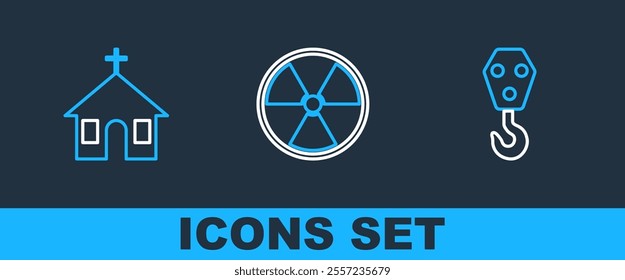 Set line Industrial hook, Church building and Radioactive icon. Vector