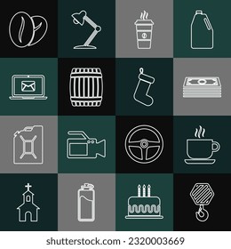 Set line Industrial hook, Coffee cup, Stacks paper money cash, Wooden barrel, Laptop with envelope, beans and Christmas sock icon. Vector