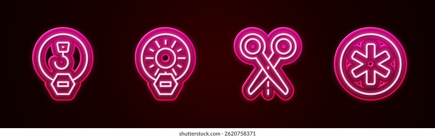Set line Industrial hook, No direct sunlight, Scissors with cut line and Medical symbol of the Emergency. Glowing neon icon. Vector