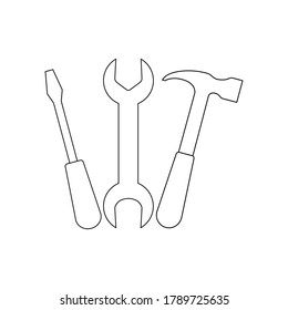 Set Line Industrial Instruments Icons. Wrench, Hammer And Screw Driver Outline Symbols Vector Illustration Isolated On White